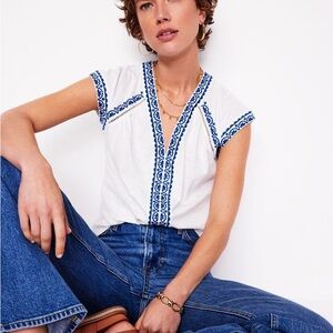 Boden  Hazel Cotton Embroidered Top
White and blue